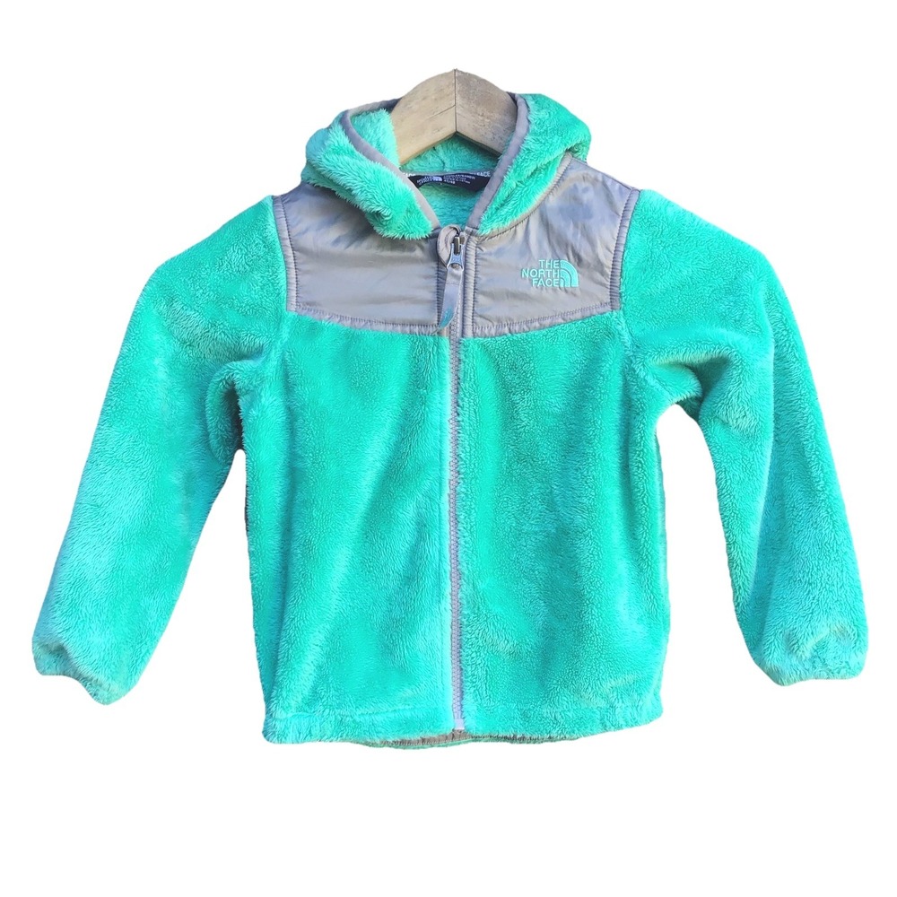 The North Face Girls Furry Fleece Full Zip Hooded Jacket Teal Gray Size 5